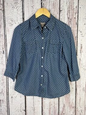 Chico’s 0 Small Chambray Blue White Polka Dot Button Down Shirt 3/4 Sleeves